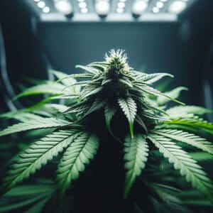 GUÍA de Cultivo de Cannabis en interiores. acercameinto a una planta de cannabis florecida y lista para cosechar dentro de un armario de cultivo