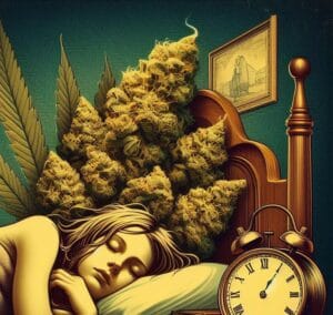 ¿Cómo usar gotas de Cannabis para dormir? caricatura de una mujer acostada de lado durmiendo, con una flor de cannabis de fondo