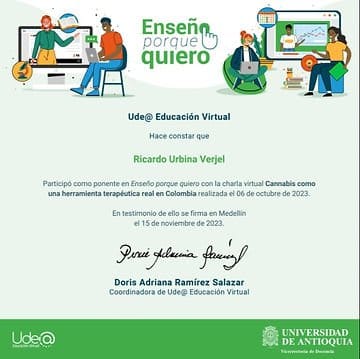 certificado de la paricipacion del dr ricardo urbina enseño porque quiero con la charla sobre cannabis medicinal