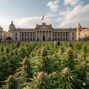 Leyes sobre Cannabis en Colombia (actualizado 2025) Campo de cannabis frente al congreso.