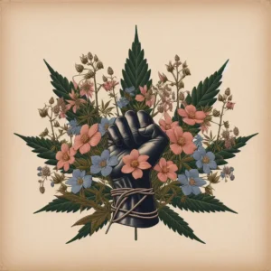 El origen de la palabra marihuana es racista? puño simbolo del movimiento las vidas negras importan sobre una hoja de cannabis