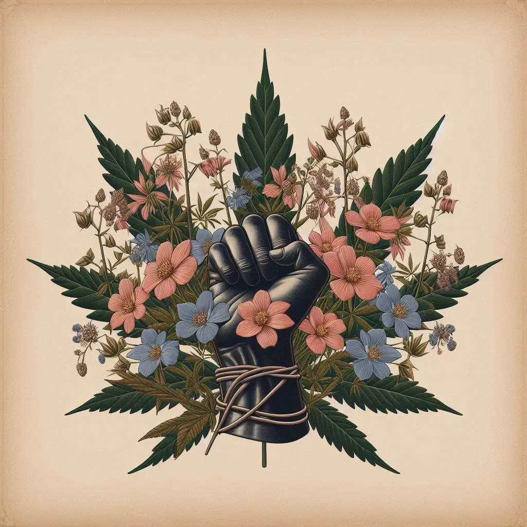 puño simbolo del movimiento las vidas negras importan sobre una hoja de cannabis