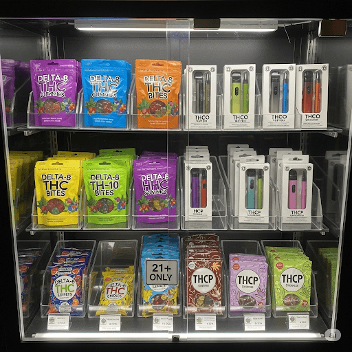 una vitrina que muestra productos con cannabinoides sintéticos: hhc, thcp, thco, delta8, delta10