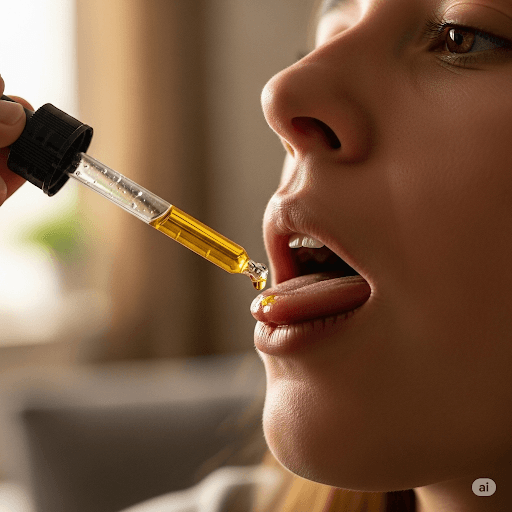 un primer plano de una persona poniend las gotas de cannabis bajo su lngua