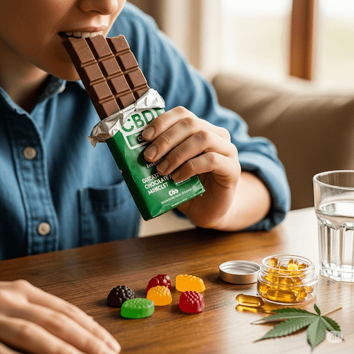 una persona comiendo un chocolate con cbd y que tiene nas gomitas y unas capsulas blandas de cannabis en la mesa