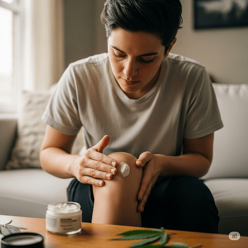persona usando una crema con cannabis en una rodilla adolorida
