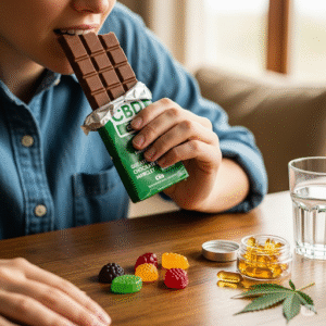 Cannabis por Vía Oral: Cómo Actúa en Tu Cuerpo una persona comiendo un chocolate con cbd y que tiene nas gomitas y unas capsulas blandas de cannabis en la mesa
