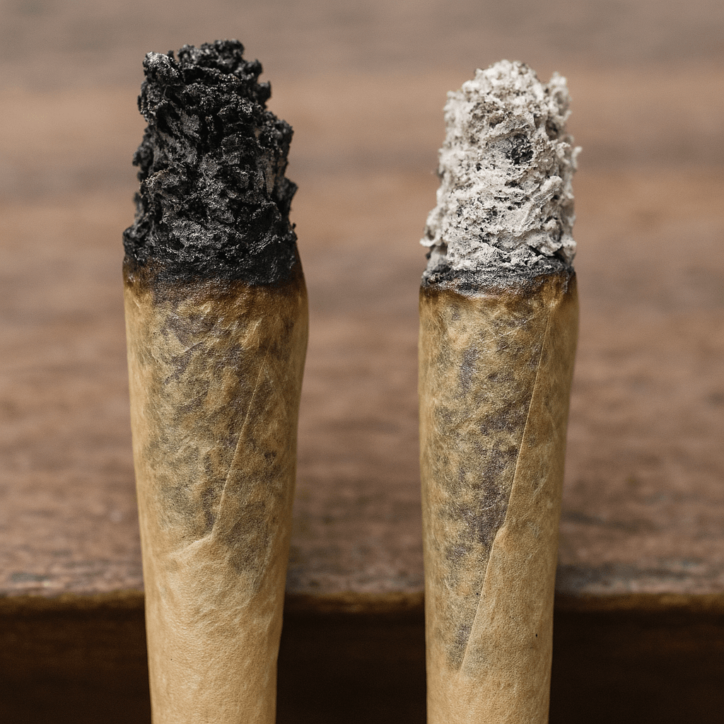 un porro con ceniza negra y otro con ceniza blanca