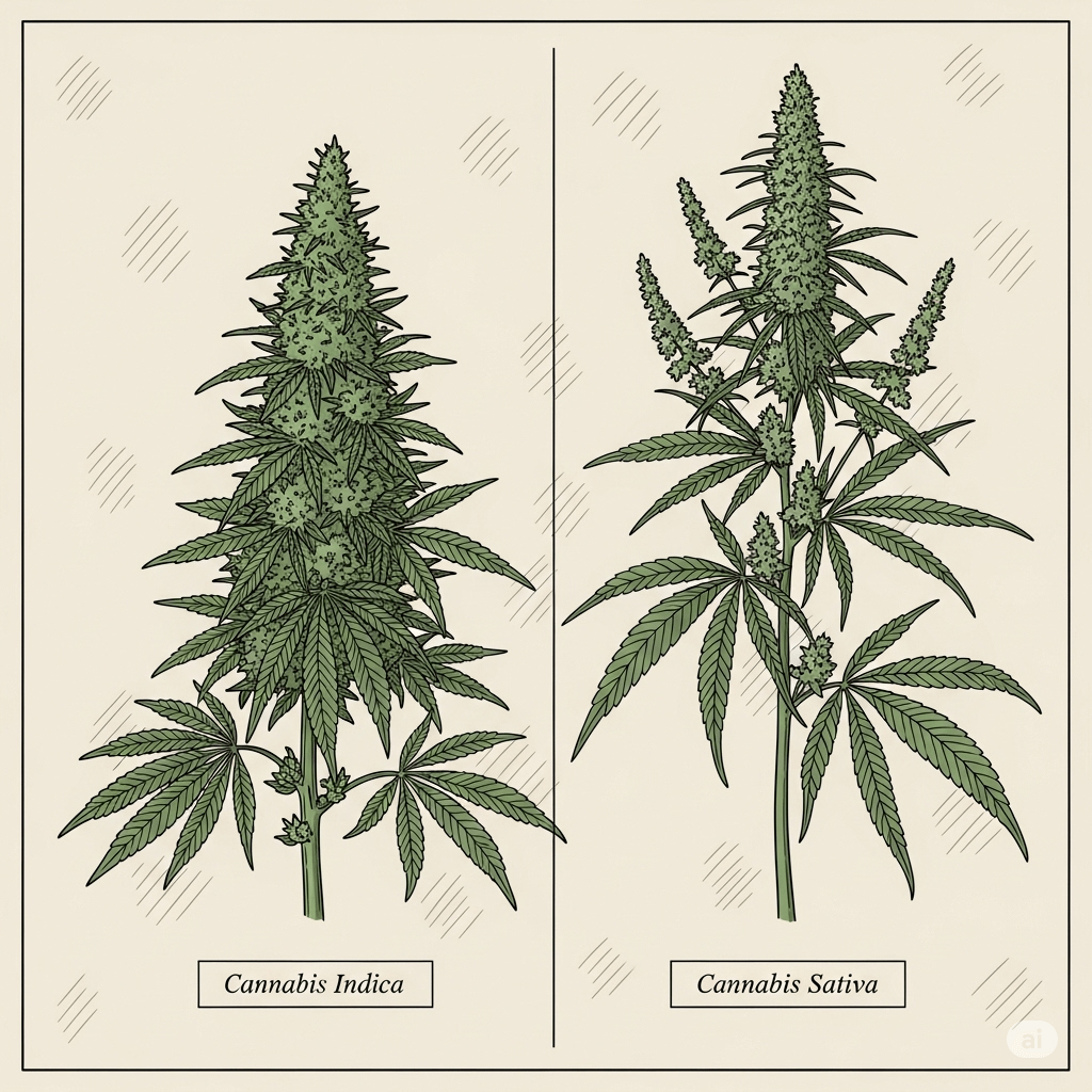 ilustración de las diferencia en el aspecto entre cannabis sativa e índica