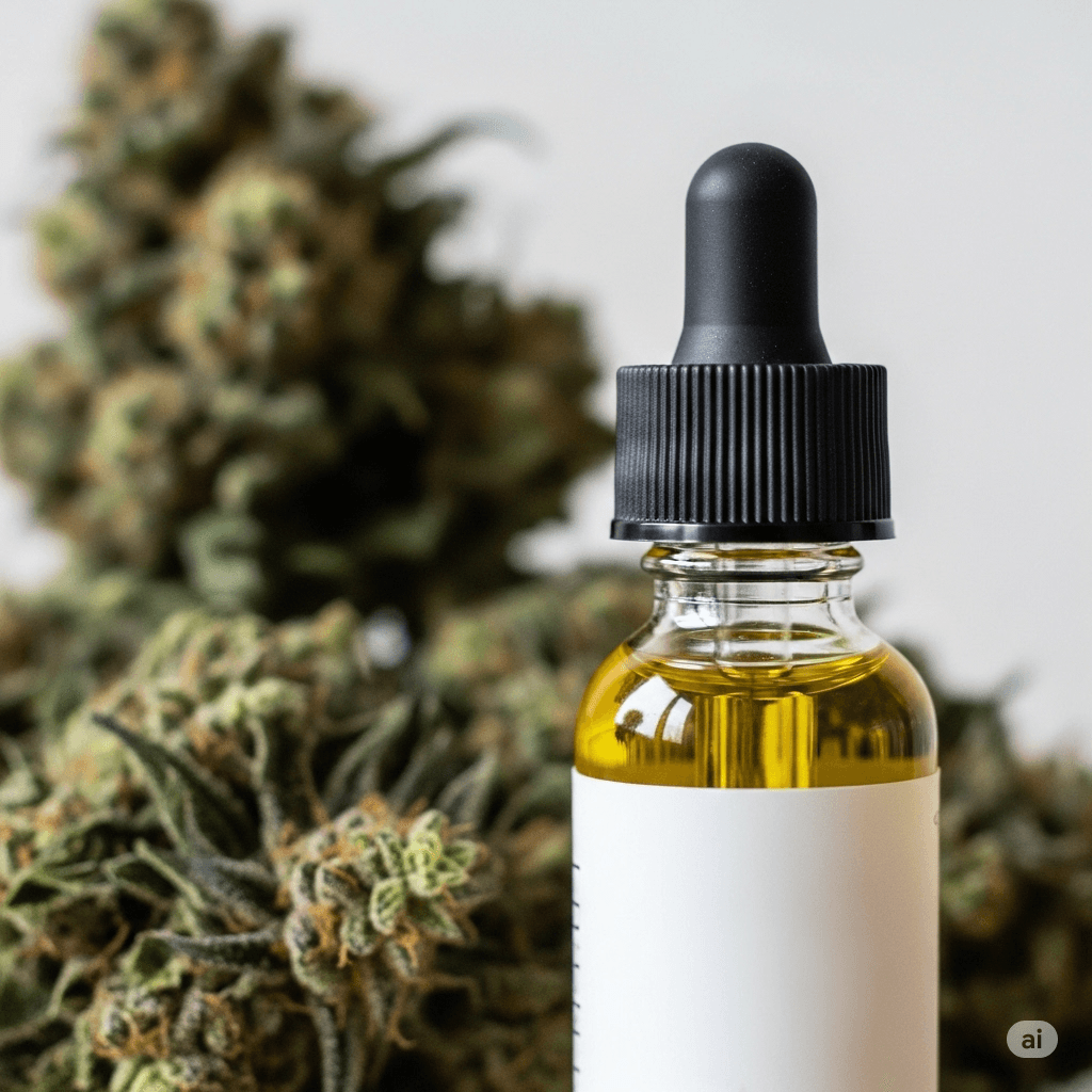frasco gotero de aceite de cannabis y una flor de cannabis en el fondo