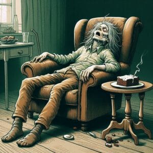La Pálida: Manejo de la Intoxicación por Cannabis caricatura de un hombre palido en un sillon experimentando un mal viaje por haber comido un brownie de marihuana