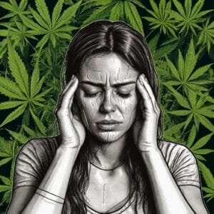 Uso del Cannabis para la Migraña: Todo lo que debes saber ilustración de una mujer con las manos en la cabeza y cara de dolor por migraña. rodeada de hojas de cannabis