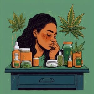Uso del Cannabis para el Dolor Crónico: Todo lo que debes saber ilustracion de una mujer rodeada de productos de cannabis medicinal