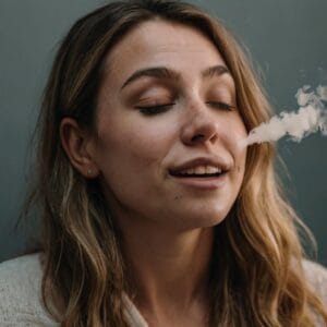 Tratamiento con Cannabis Medicinal para la ansiedad resistente: ¿qué dice la evidencia? una mujer con cara de alivio exhalando vapor de cannabis