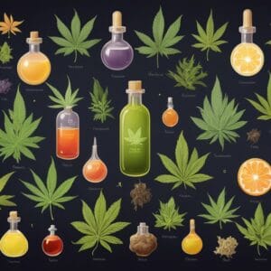 Descubre el olor del Cannabis: Más que Terpenos patrón con hojas de cannabis y representaciones de aceites esenciales