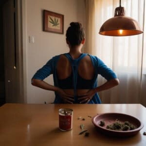 Síndrome de Abstinencia al Cannabis: Todo lo que debes saber persona en una habitación dándole la espalda a un frasco con flores de cannabis y un porro