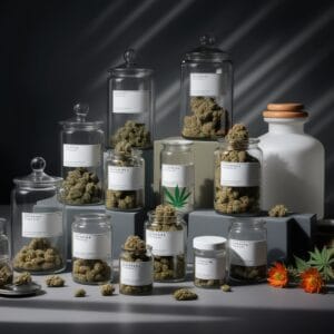Más allá de la "Cepa": Descubre los QUIMIOTIPOS frascos de vidrio con flores de diferentes cepas o quimiovariedades de cannabis