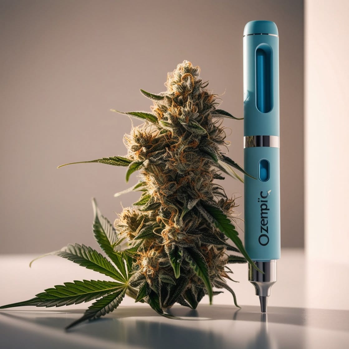 Una jeringa de ozempic y una flor de cannabis predominante en thcv
