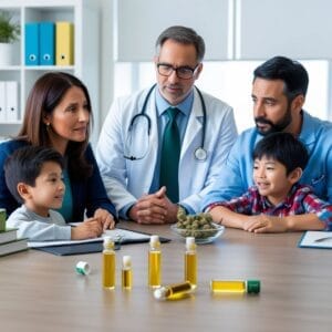 Autismo y Cannabis: Una Relación Prometedora un doctor especialista en cannabis reunido con el padre y la madre de dos niños con autismo