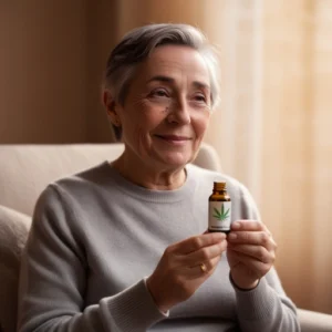El Rol del Cannabis en el Tratamiento del Parkinson una anciana sosteniendo unas gotas de cannabis que usa para el tratamiento de su parkinson