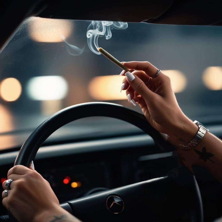 primer plano de unas manos y el volante de un vehiculo, donde en una se aprecia un porro encendido