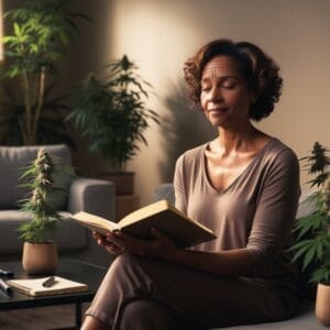 Cannabis Medicinal y Fibromialgia: Un Aliado Valioso una mujer de mediana edad con cara de alivio, rodeada de plantas de cannabis