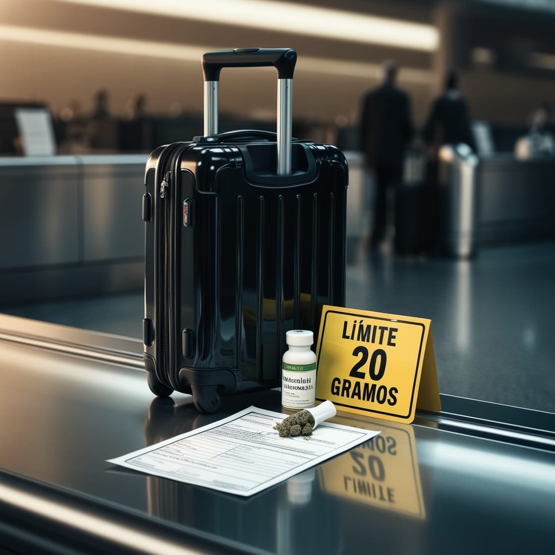 una maleta de viaje sobre la banda transportadora del aeropuerto con un cartel amarillo que dice max 20gr, indicando el limite o dosis personal de marihuana que se puede transportar en colombia