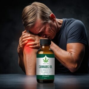 Cannabis Medicinal y Artritis Reumatoide: Una Nueva Herramienta Terapéutica hombre de mediana edad sosteniendo su rodilla roja e inflamada con las manos en medio de una crisis de artritis y un aceite de cannabis medicinal