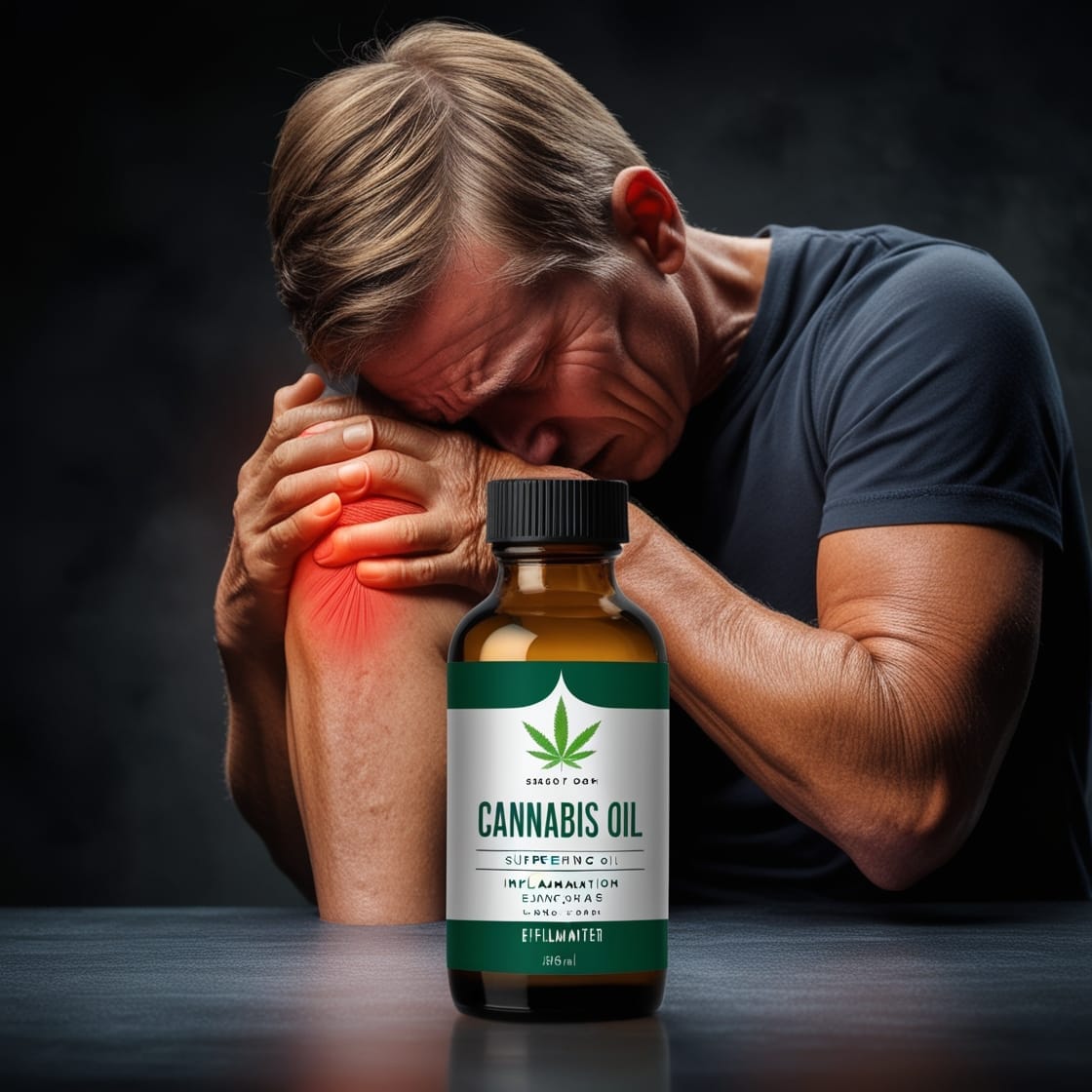 hombre de mediana edad sosteniendo su rodilla roja e inflamada con las manos en medio de una crisis de artritis y un aceite de cannabis medicinal