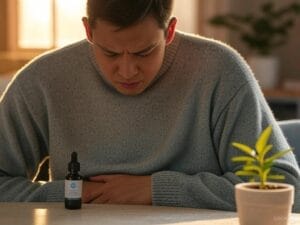Cannabis para el Síndrome de Colon Irritable hombre con expresion de dolor abrazando su abdomen y unas gotas de cannabis