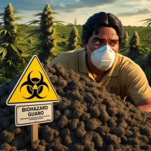 Histoplasmosis y Guano: El Riesgo Oculto en el Cultivo de Cannabis una persona usando un tapabocas de alta eficiencia al lado de una montaña de guano de murcielago que se usa para nutrir el cannabis
