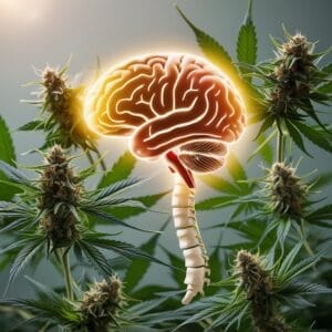 Cannabis medicinal para aliviar síntomas de Esclerosis Múltiple ilustración de un cerebro y una médula espinal representando la esclerosis múltiple, rodeado de plantas florecidas de cannabis