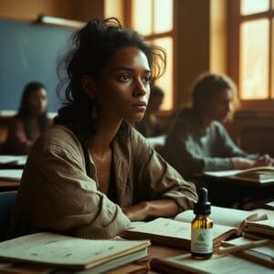 Cannabis Medicinal en TDAH: Beneficios y Riesgos una joven en un salon de clase prestando atención gracias al uso de cannabis medicinal para su trastorno de deficit de atencion e hiperactividad