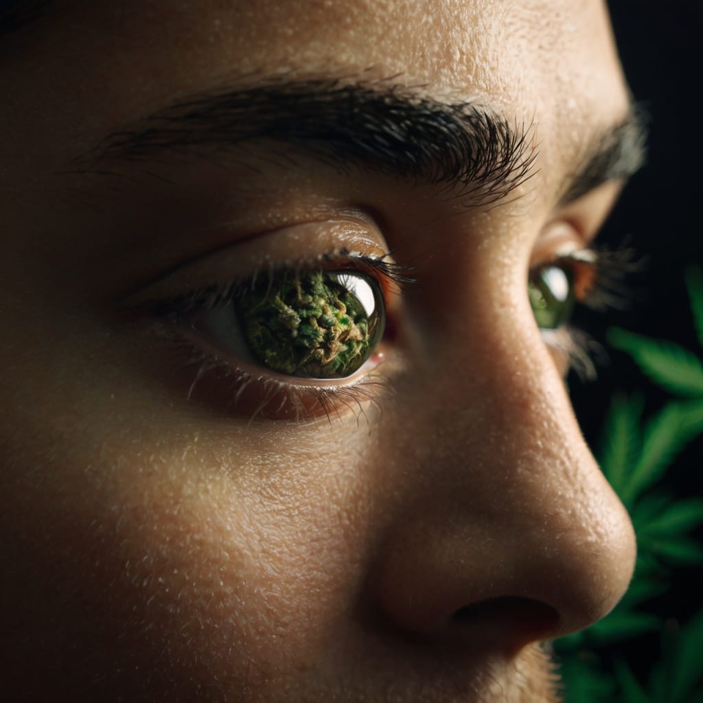 primer plano de una mirada que tiene en su iris la imagen de una flor de cannabis