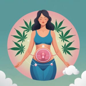 Cannabis contra los síntomas del Síndrome Pre Menstrual una ilustracion de una mujer donde se destaca el útero y los varios, rodeada de hojas de cannabis