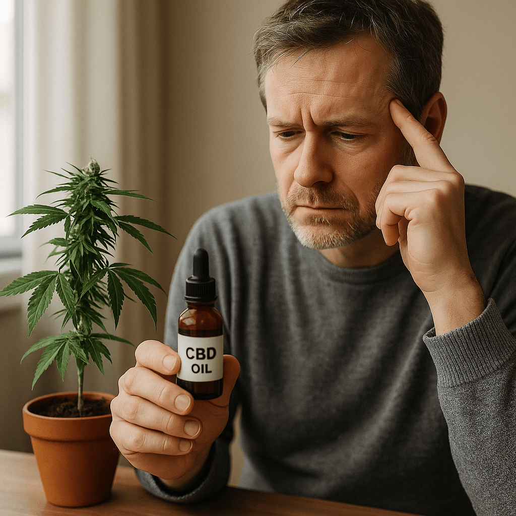 Hombre mirando un frasco de aceita de CBD que sostiene en sus manos, con una expresion de tristeza en su cara