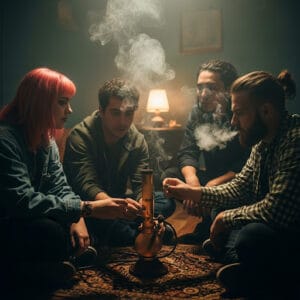 Humo de segunda mano del Cannabis: Lo que debes saber un grupo de amigos fumando bong dentro de una casa y siendo afectados por el humo de segunda mano