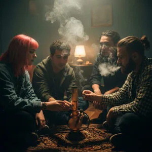 un grupo de amigos fumando bong dentro de una casa y siendo afectados por el humo de segunda mano