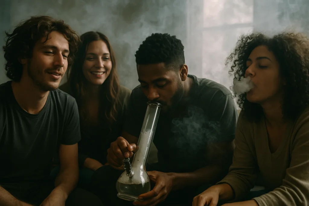 Humo de segunda mano del Cannabis: Lo que debes saber personas fumando cannabis de un bong en un espacio cerrado y exponiéndose a humo de segunda mano