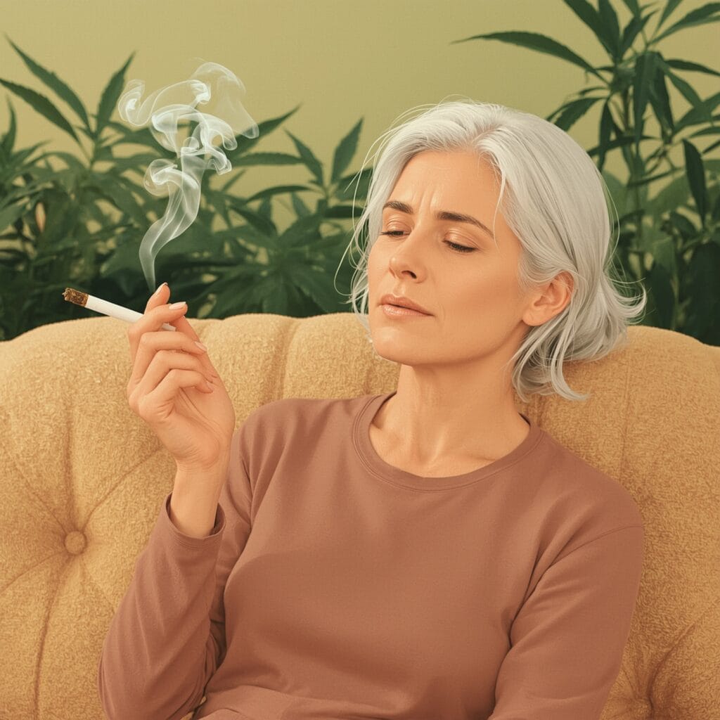 Menopausia sin hormonas: ¿puede el cannabis medicinal ser la solución? Mujer de mediana edad con mejillas levemente enrojecidas, inhalando cannabis medicinal con expresión serena