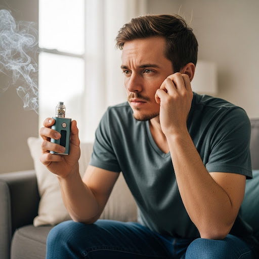 Hombre de mediana edad con enfermedad de Tourette sosteniendo un frasco de aceite de cannabis que le calmó sus tics