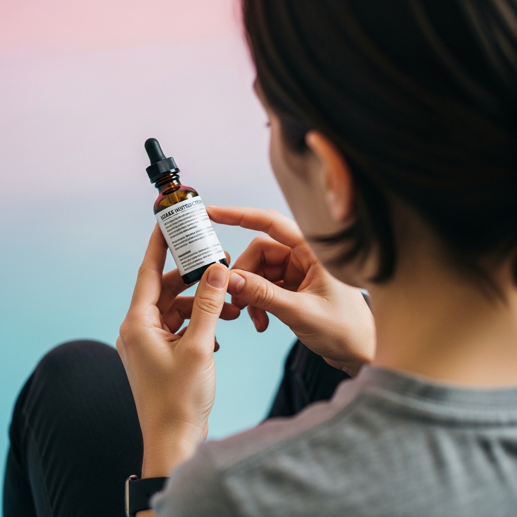 Persona leyendo la etiqueta de un frasco gotero de una formulación magistral con cannabis