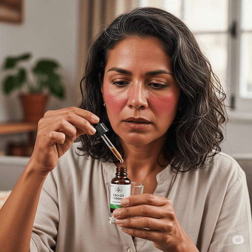 Menopausia sin hormonas: ¿puede el cannabis medicinal ser la solución? mujer con oleada de calor por menopausia tomando aceite de cannabis medicinal