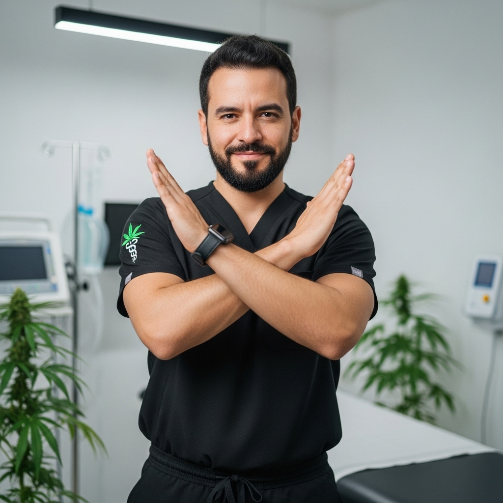 Médico especilista en cannabis en colombia haciendo la seña de NO con los brazos