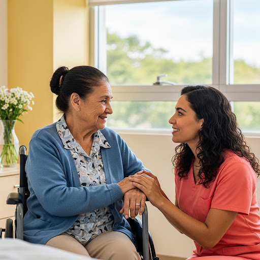 mujer en silla de ruedas y su cuidadora
