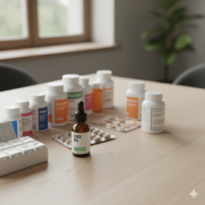 Frasco de aceite de cannabis sobre una mesa junto a varios medicamentos, simbolizando las interacciones y el uso seguro.