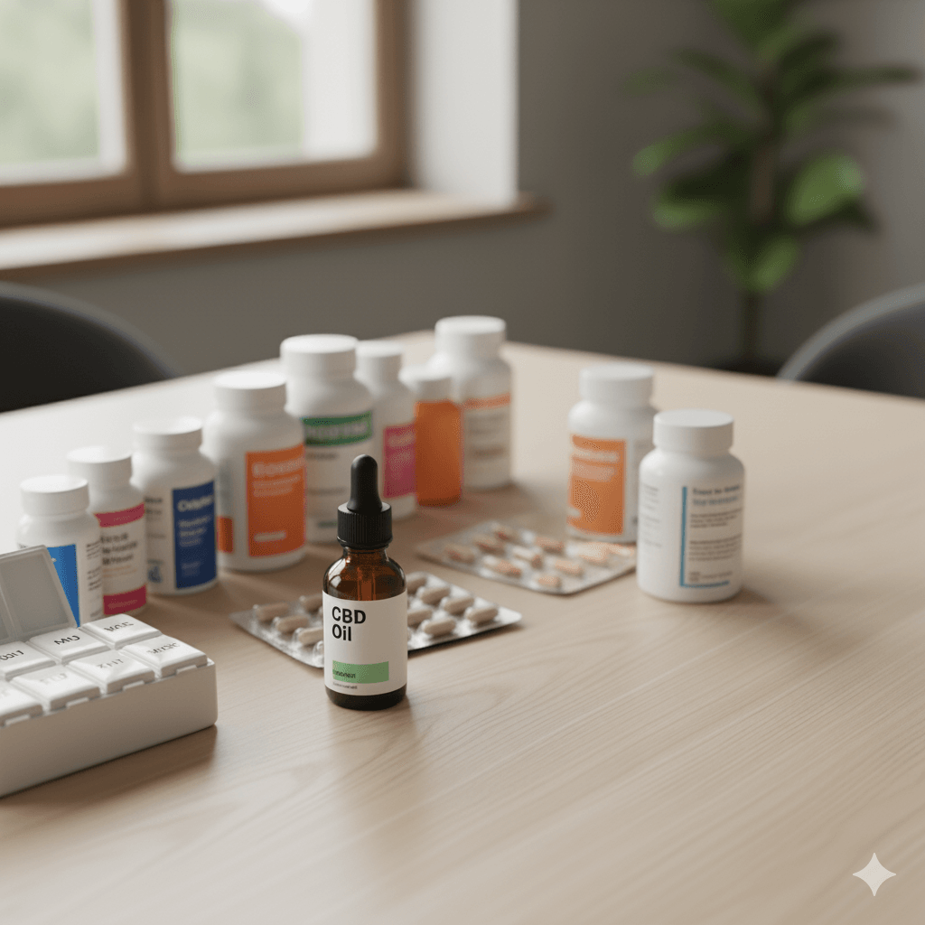 Uso seguro de Cannabis y Medicamentos: Guía para el Paciente Frasco de aceite de cannabis sobre una mesa junto a varios medicamentos, simbolizando las interacciones y el uso seguro.