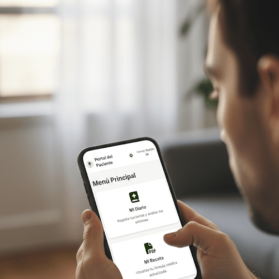 Innovando en Bienestar con Cannabis: Portal del Paciente y Consulta para Autocultivadores un hombre de mediana edad sotiene un telefono movil. la pantalla del dispositivo muestra el portal del paciente de doccannabico